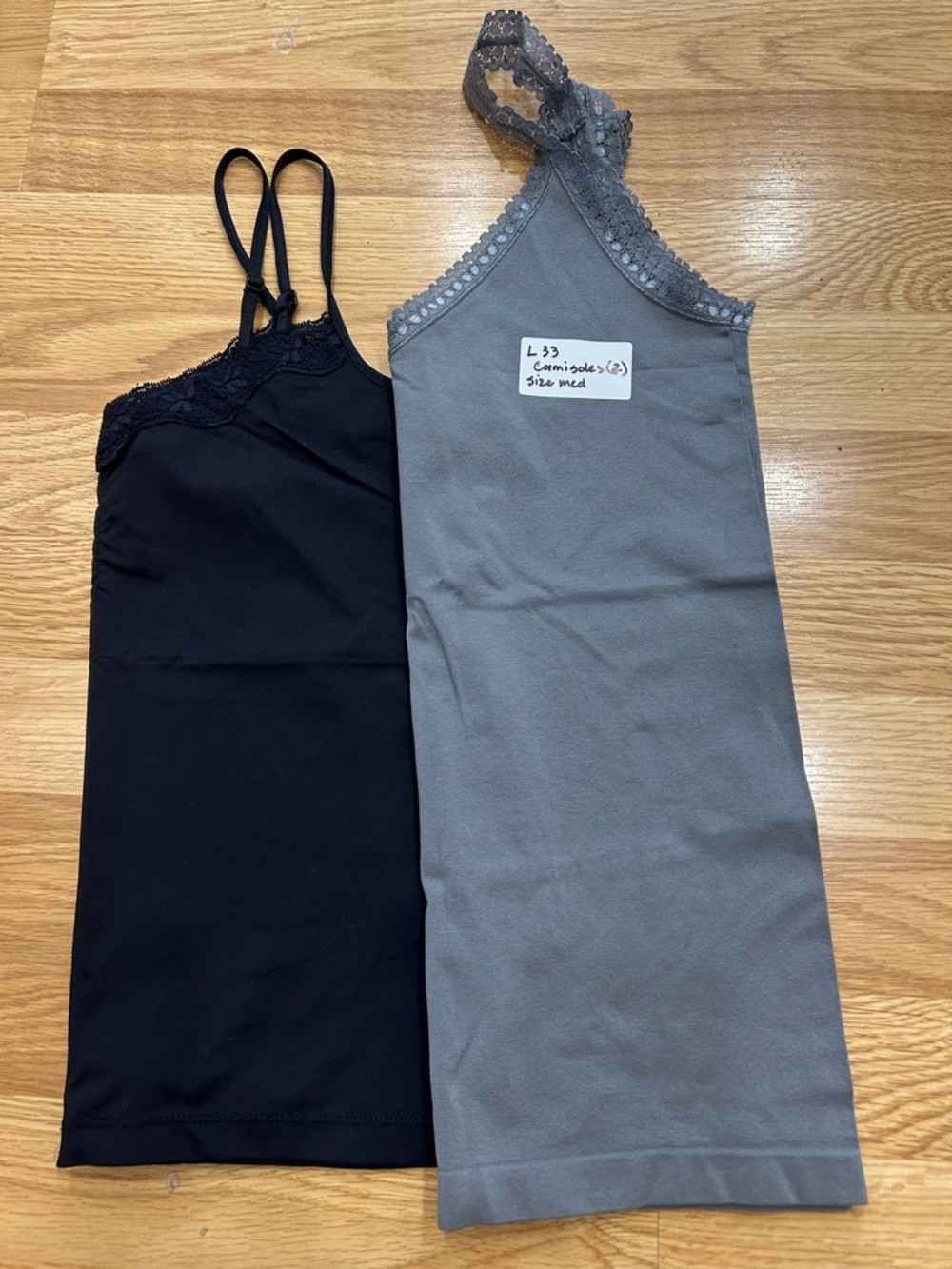 L33.   Lace Trim Camisoles - Black & Gray - Set of 2